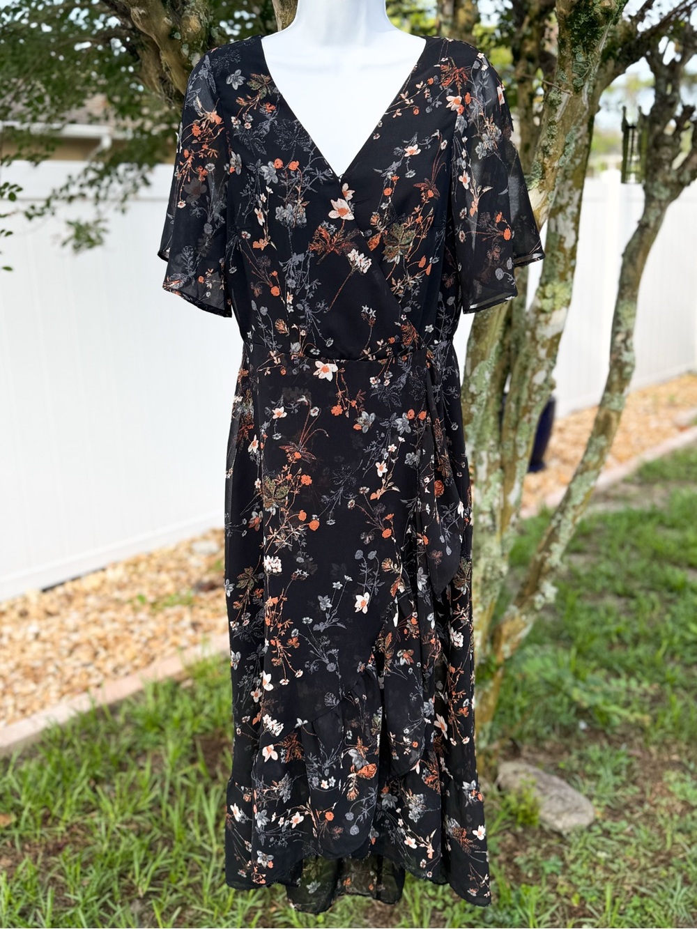 A New Day Black Floral Wrap Midi Dress Sheer Sleeve Romantic Cottagecore Size S